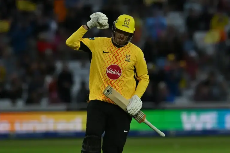Craig Overton of Trent Rockets celebrates the win during the The Hundred match between Trent Rockets and London Spirit Men at Trent Bridge, Nottingham, UK on 26 July 2026.