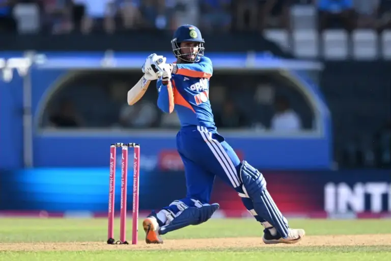 Tilak Varma of India plays an attacking shot during the International T20 match between England and India at the Utilita Bowl, Southampton, UK on 11 July 2026.