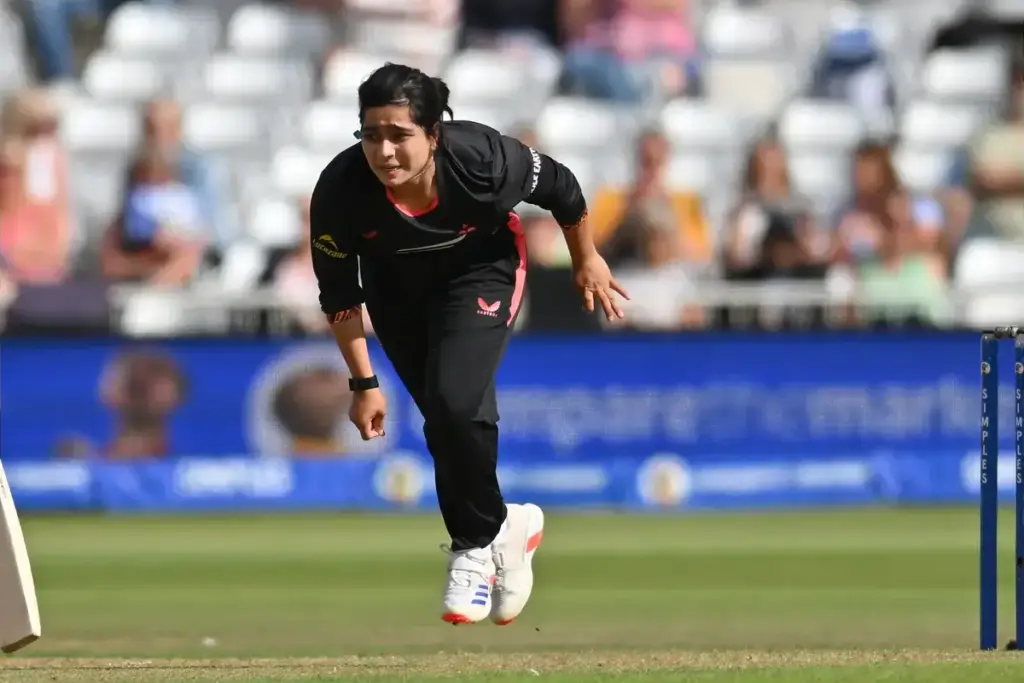 Fatima Sana of Birmingham Phoenix bowling from the Stuart Broad End during the The Hundred match between Trent Rockets Women and Birmingham Phoenix Women at Trent Bridge, Nottingham, UK on 5 August 2026.