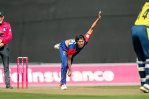 Kent’s Hasan Mahmud bowling during the Vitality T20 Blast South Group match between Hampshire Hawks and Kent Spitfires at the Utilita Bowl, Southampton, UK on 5 July 2026.