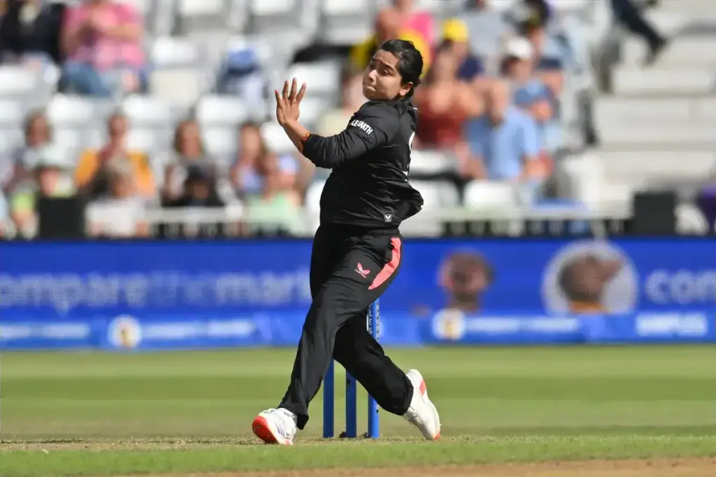 Fatima Sana of Birmingham Phoenix bowling from the Stuart Broad End during the The Hundred match between Trent Rockets Women and Birmingham Phoenix Women at Trent Bridge, Nottingham, UK on 5 August 2026.