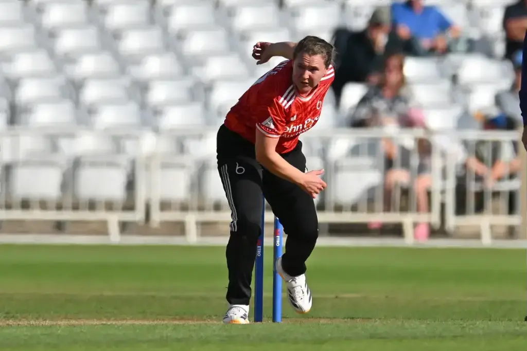 Kathryn Bryce of The Blaze bowling from the Stuart Broad End during the Metro Bank Women's One Day Cup match between Blaze Women and Durham CCC Women at Trent Bridge, Nottingham, UK on 19 August 2026.