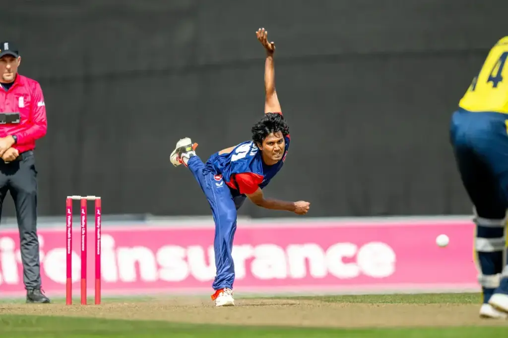 Kent’s Hasan Mahmud bowling during the Vitality T20 Blast South Group match between Hampshire Hawks and Kent Spitfires at the Utilita Bowl, Southampton, UK on 5 July 2026.