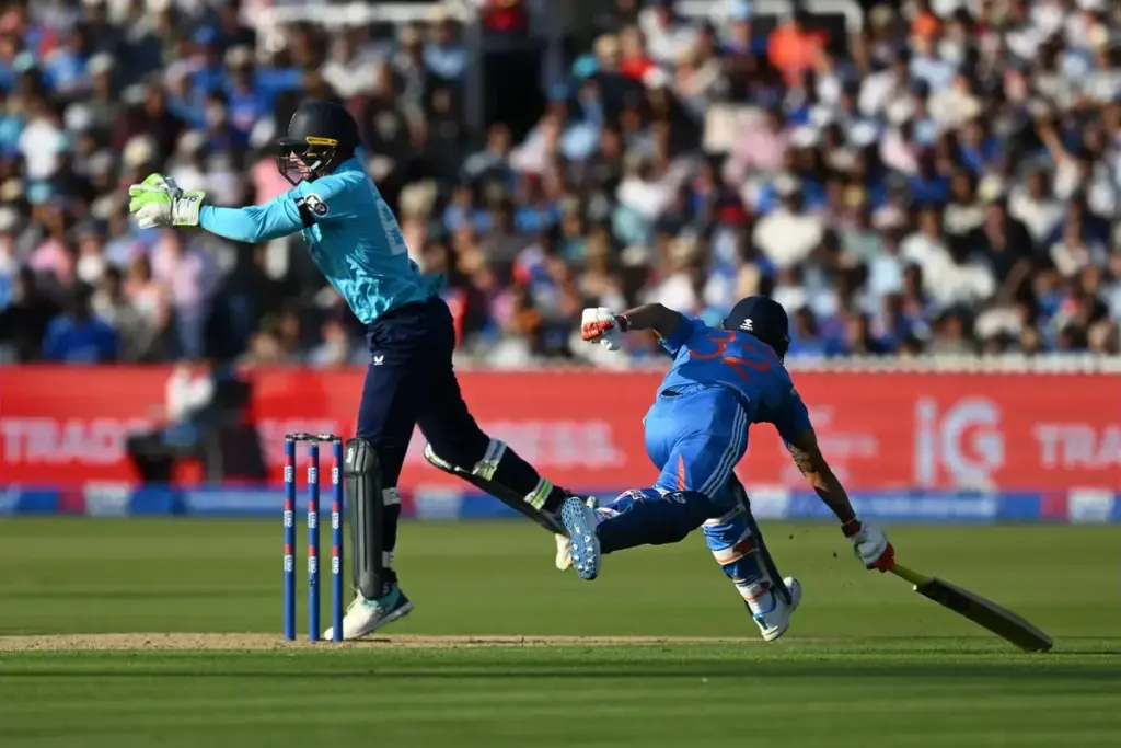 Ishan Kishan of India makes his ground to avoid being run out during the Metro Bank One Day International match between England and India at Lord's Cricket Ground, St John's Wood, UK on 19 July 2026.