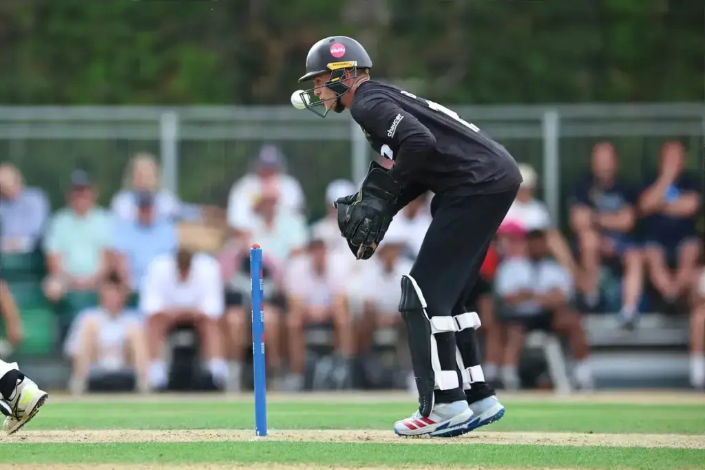Josh Blake wicketkeeping during the Metro Bank 1 Day Cup match between Surrey County Cricket Club and Leicestershire Foxes at the Guildford Cricket Club, Guildford, UK on 24 July 2026.