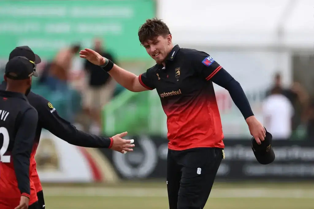 Leicestershire Foxes Alex Green celebrates the wicket of Somerset's JT Langridge during the Metro Bank 1 Day Cup Group A match between Leicestershire Foxes and Somerset County Cricket Club at the Uptonsteel County Ground, Leicester, UK on 2 August 20