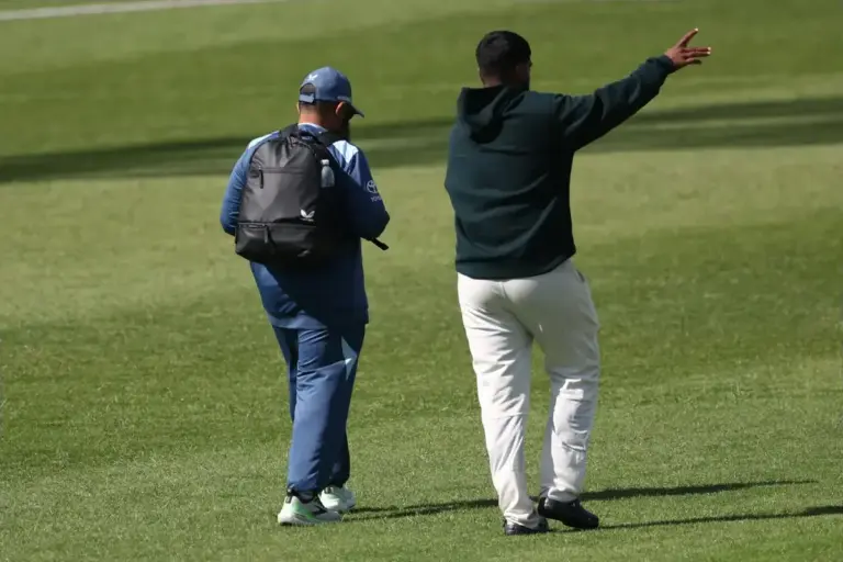 Spin bowling coach Mushtaq Ahmed chats to Leicestershire's Rehan Ahmed over the tea interval during Day Two of the Rothesay County Championship One match between Leicestershire County Cricket Club and Essex County Cricket Club at the Uptonsteel Grace