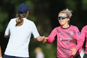 Captains Saskia Horley and Chiara Green shake hands at the end of the Metro Bank Women's One Day Cup match between Sussex Sharks Women and Middlesex Women at Arundel Castle Cricket Club, Arundel, UK on 2 August 2026.
