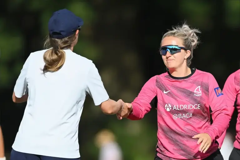 Captains Saskia Horley and Chiara Green shake hands at the end of the Metro Bank Women's One Day Cup match between Sussex Sharks Women and Middlesex Women at Arundel Castle Cricket Club, Arundel, UK on 2 August 2026.