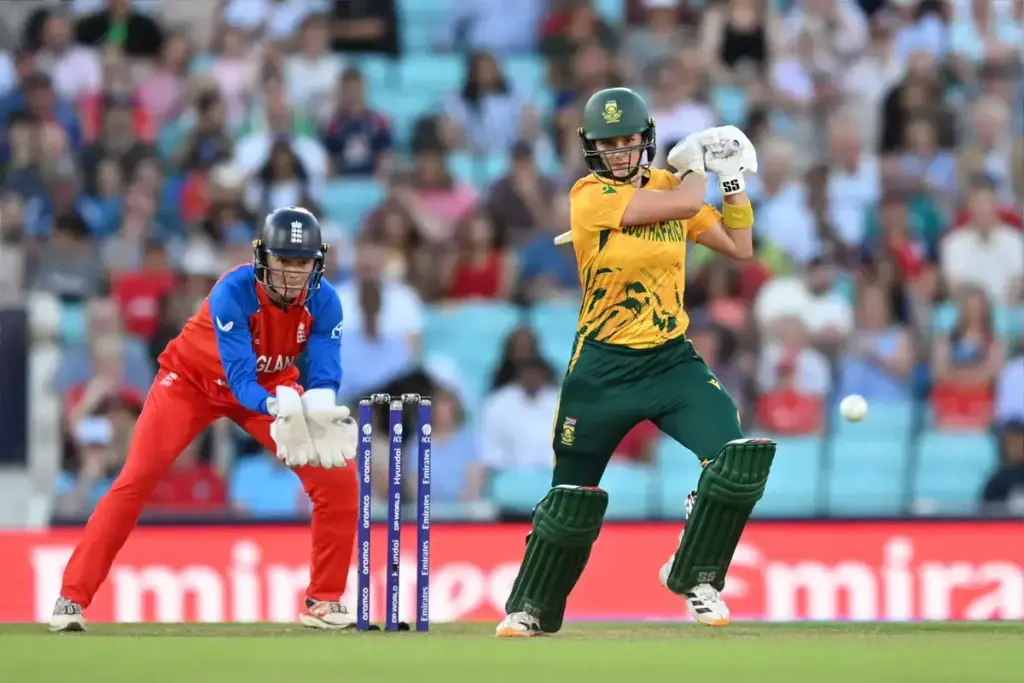 Laura Wolvaardt of South Africa plays an attacking shot while batting during the ICC Women's T20 World Cup semi-final match between England Women Cricket and South Africa Women at the Oval, London, UK on 2 July 2026.