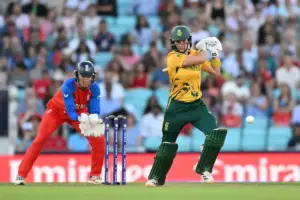 Laura Wolvaardt of South Africa plays an attacking shot while batting during the ICC Women's T20 World Cup semi-final match between England Women Cricket and South Africa Women at the Oval, London, UK on 2 July 2026.
