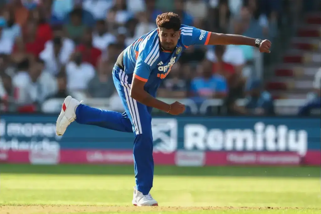 India's Harshit Rana bowling during the 3rd International T20 match between England and India at Trent Bridge, Nottingham, UK on 7 July 2026.