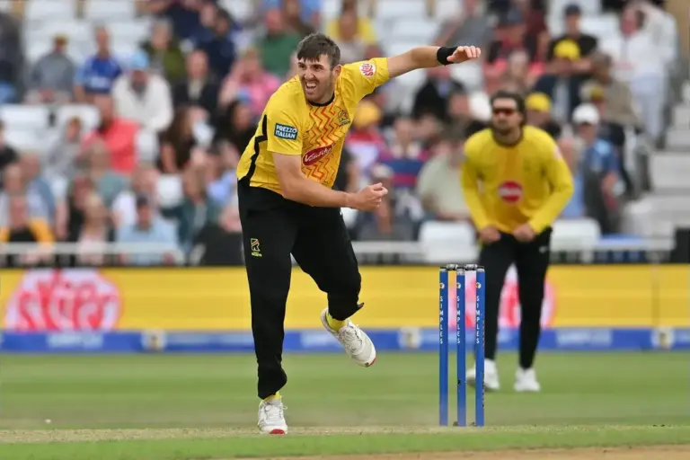 Craig Overton of Trent Rockets bowling from the Stuart Broad End during the The Hundred match between Trent Rockets and Birmingham Phoenix Men at Trent Bridge, Nottingham, UK on 5 August 2026.