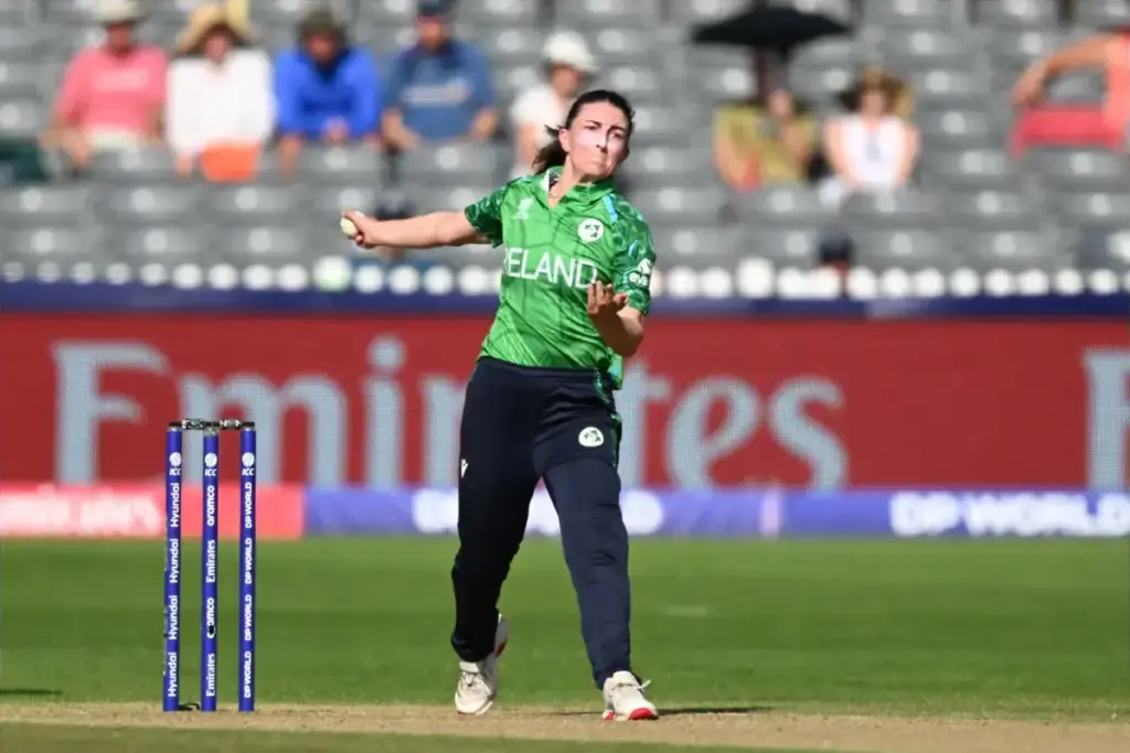 Arlene Kelly of Ireland bowling during the ICC Women's T20 World Cup match between Sri Lanka Women and Ireland Women at the Seat Unique Stadium, Bristol, UK on 23 June 2026.