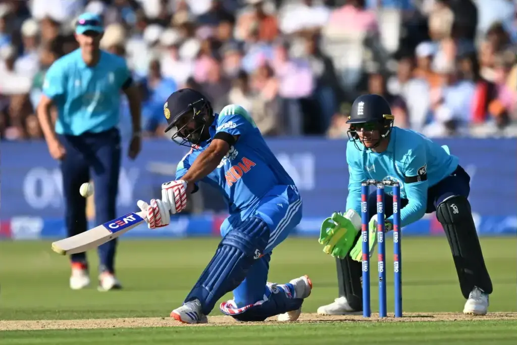 Rohit Sharma of India hits the ball over the boundary for six runs during the Metro Bank One Day International match between England and India at Lord's Cricket Ground, St John's Wood, UK on 19 July 2026.