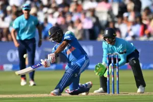Rohit Sharma of India hits the ball over the boundary for six runs during the Metro Bank One Day International match between England and India at Lord's Cricket Ground, St John's Wood, UK on 19 July 2026.