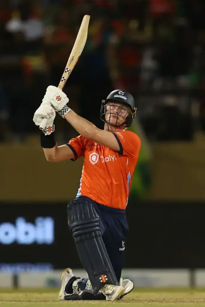 GEORGETOWN GUYANA - AUGUST 1: Oliver Peake of San Francisco Unicorns hits six runs during the ExxonMobil GUYANA SUPER LEAGUE T20 Final between Guyana Amazon Warriors and San Francisco Unicorns at the Guyana National Stadium, Providence, Guyana. (Pho